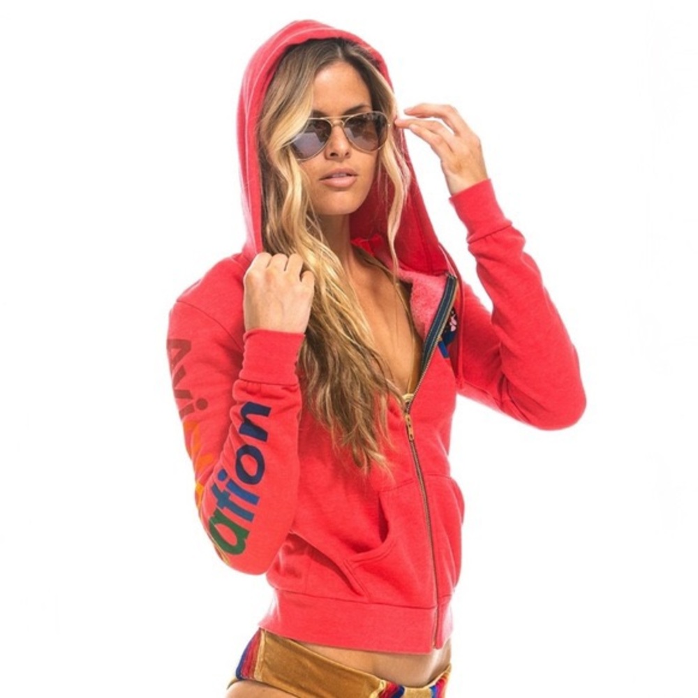 Aviator Nation Zip-Up Logo Hoodie in Neon Red